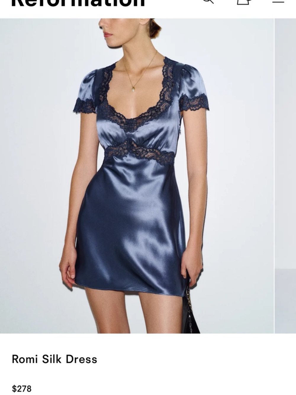 Reformation Navy Satin Lace-Trim Slip Dress